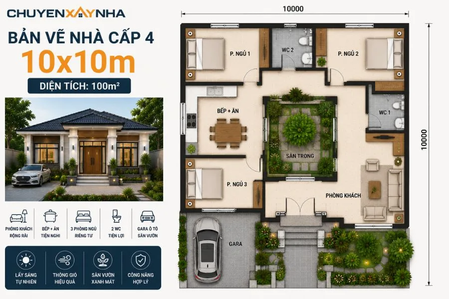 Bản vẽ nhà cấp 4 diện tích 10x10m