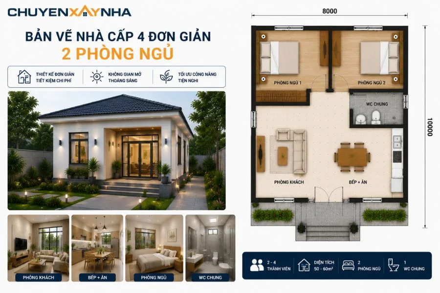 Bản vẽ nhà cấp 4 đơn giản 2 phòng ngủ