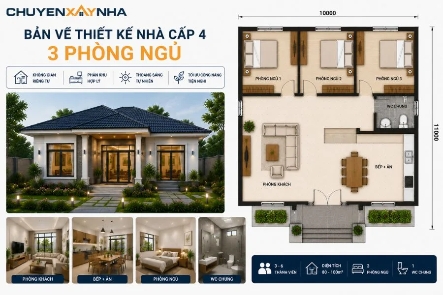 Bản vẽ thiết kế nhà cấp 4 3 phòng ngủ