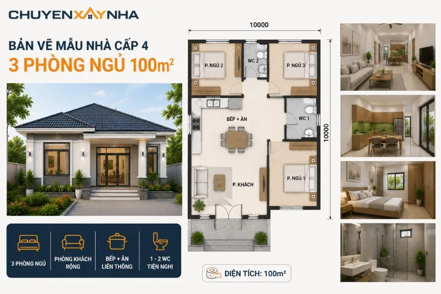 Bản vẽ mẫu nhà cấp 4 3 phòng ngủ 100m2