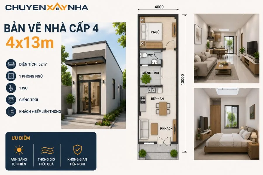 Bản vẽ nhà cấp 4 diện tích 4x13m