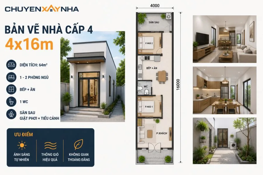 Bản vẽ nhà cấp 4 diện tích 4x16m