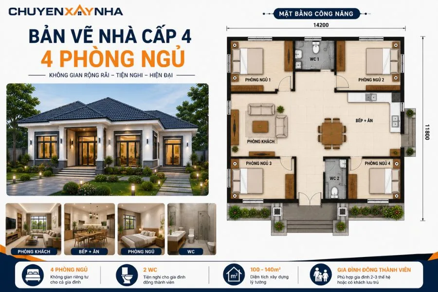 Bản vẽ nhà cấp 4 có 4 phòng ngủ