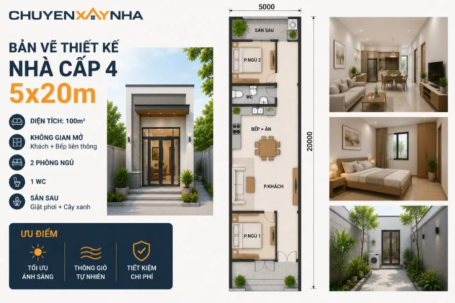Bản vẽ thiết kế nhà cấp 4 diện tích 5x20m