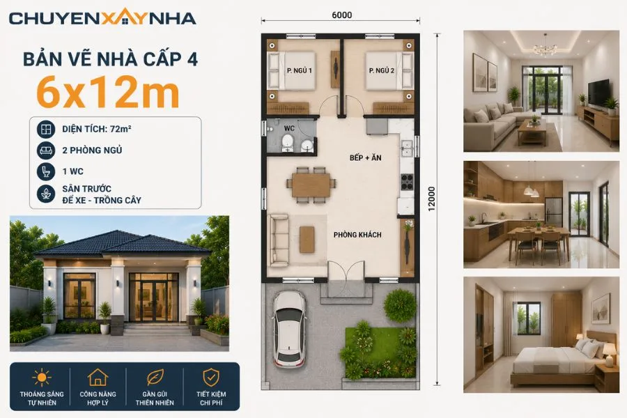Bản vẽ nhà cấp 4 diện tích 6x12m