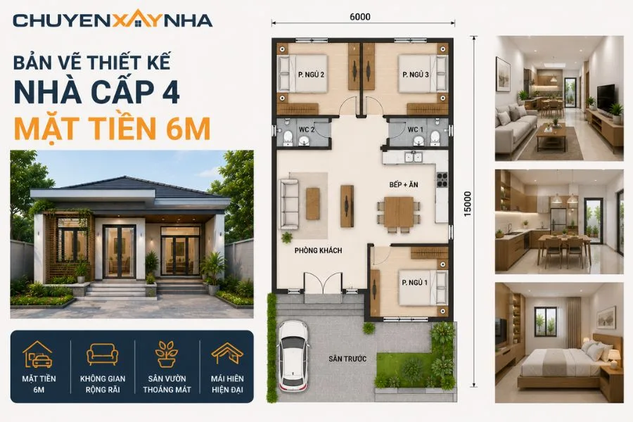 Bản vẽ thiết kế nhà cấp 4 mặt tiền 6m