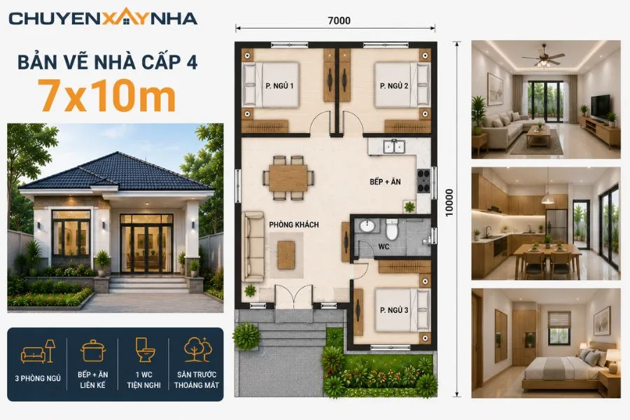 Bản vẽ nhà cấp 4 diện tích 7x10m