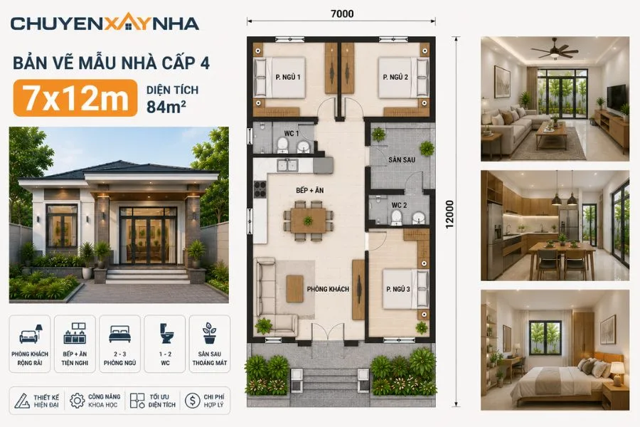 Bản vẽ mẫu nhà cấp 4 diện tích 7x12m