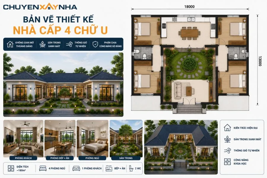 Bản vẽ thiết kế nhà cấp 4 chữ U