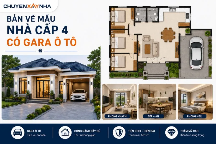 Bản vẽ mẫu nhà cấp 4 có gara ô tô
