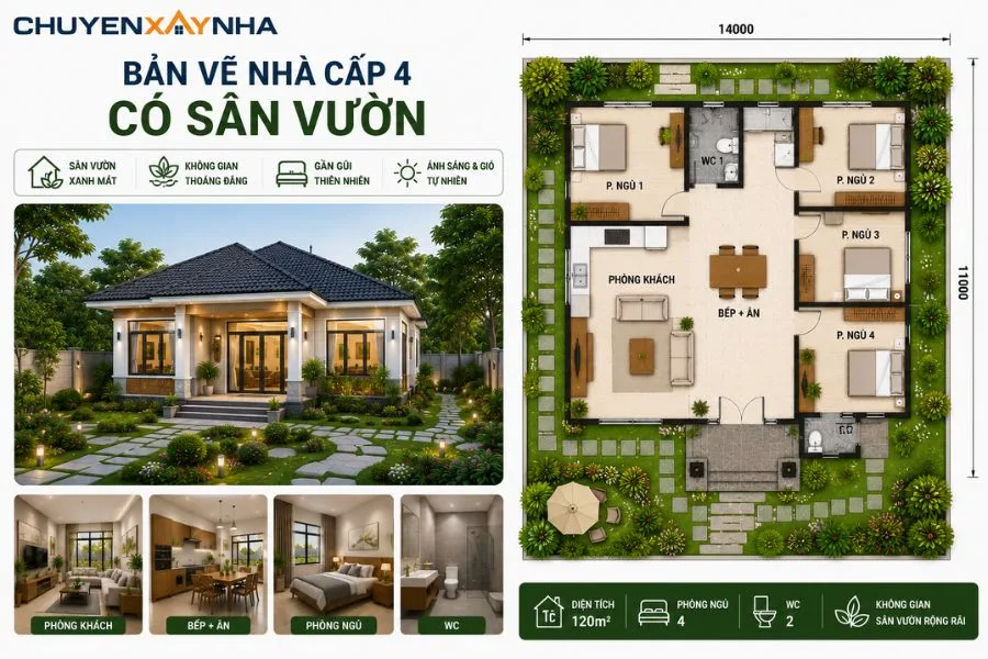 Bản vẽ thiết kế nhà cấp 4 có sân vườn
