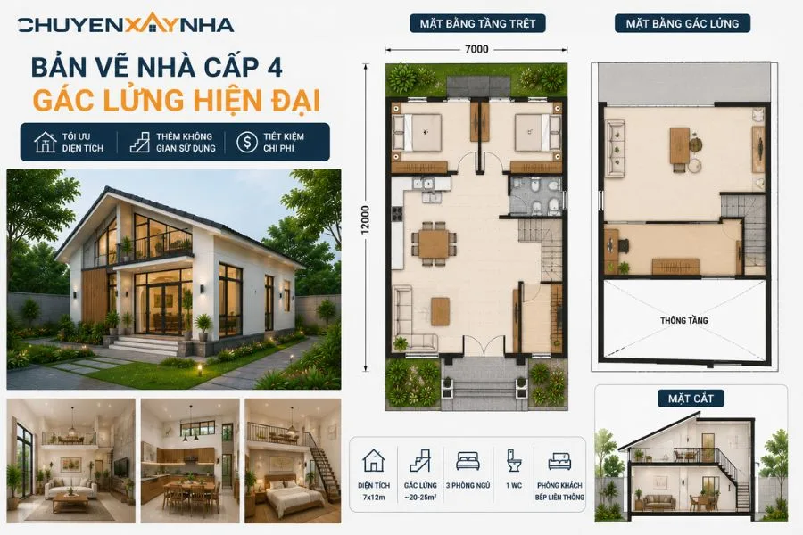 Bản vẽ nhà cấp 4 có gác lửng hiện đại