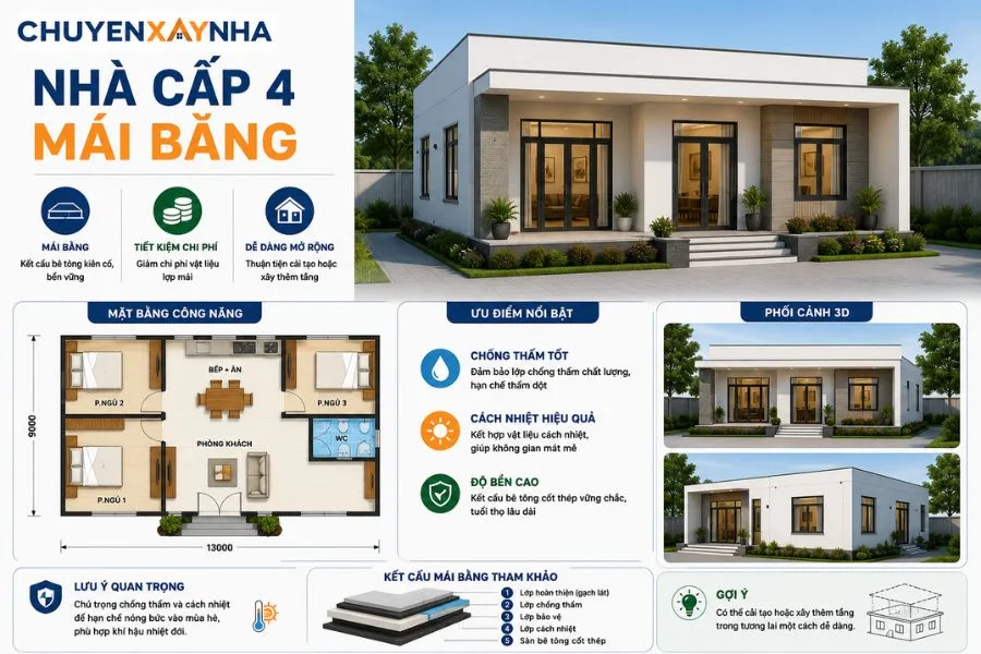 Bản vẽ nhà cấp 4 mái bằng