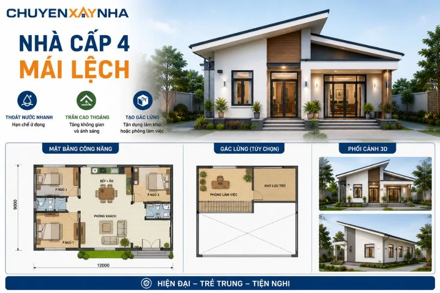Bản vẽ mẫu nhà cấp 4 mái lệch