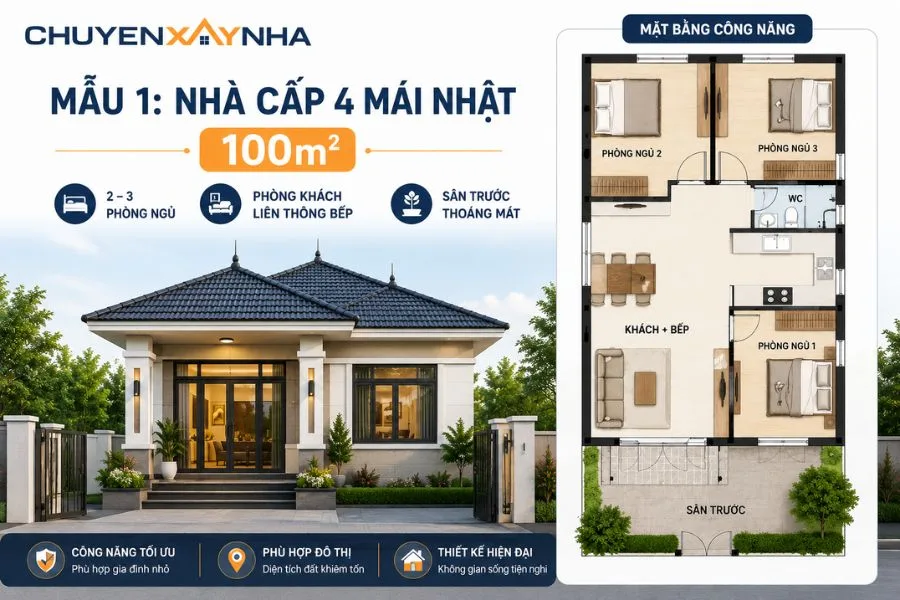 Nhà cấp 4 mái Nhật 100m²