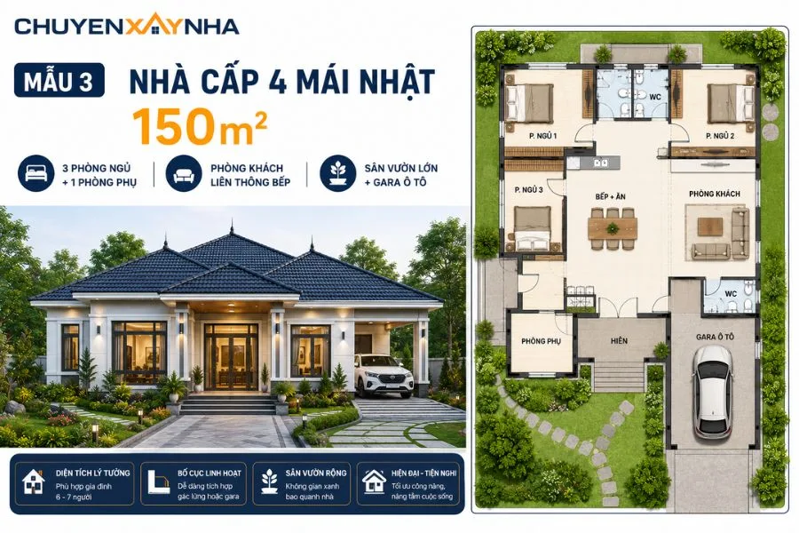 Nhà cấp 4 mái Nhật 150m²