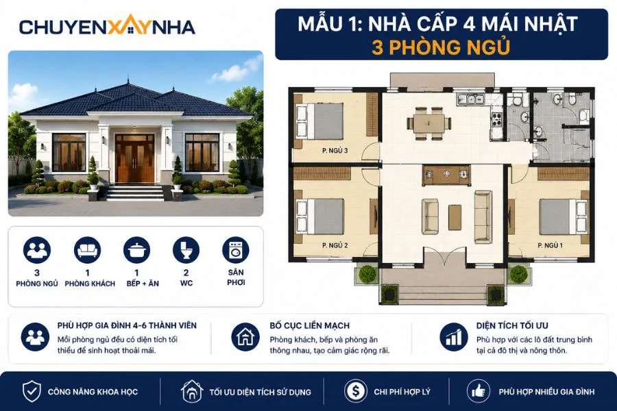 Nhà cấp 4 mái Nhật 3 phòng ngủ