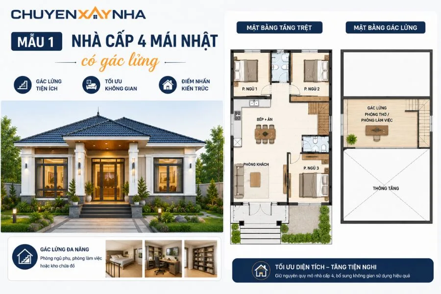 Nhà cấp 4 mái Nhật có gác lửng