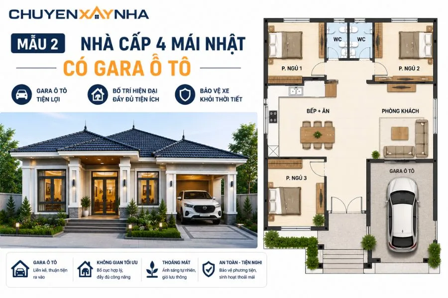 Nhà cấp 4 mái Nhật có gara ô tô