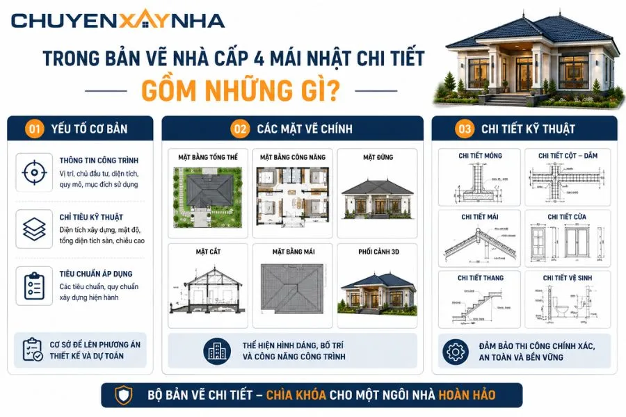 Bản vẽ nhà cấp 4 mái Nhật chi tiết gồm 3 nhóm nội dung chính