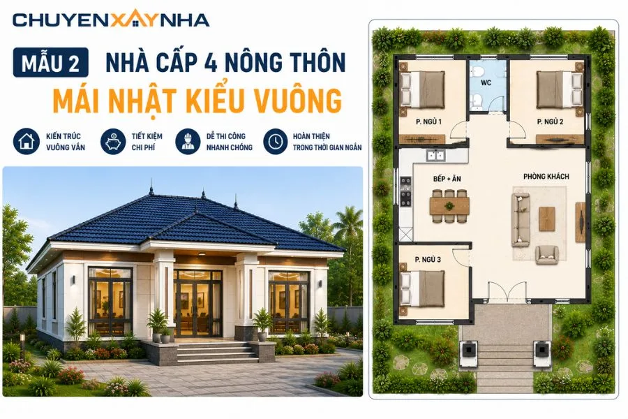 Nhà cấp 4 nông thôn mái Nhật kiểu vuông