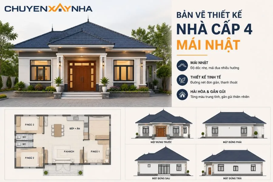 Bản vẽ thiết kế nhà cấp 4 mái Nhật