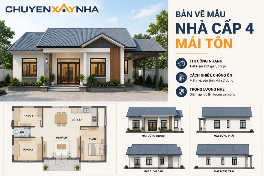 Bản vẽ mẫu nhà cấp 4 mái tôn