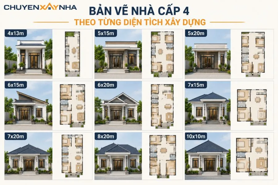 Bản vẽ nhà cấp 4 theo từng diện tích xây dựng