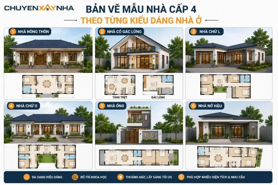 Bản vẽ mẫu nhà cấp 4 theo từng kiểu dáng nhà ở