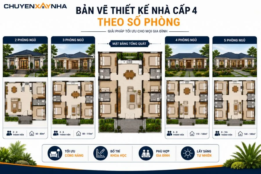 Bản vẽ thiết kế nhà cấp 4 chi tiết theo số phòng