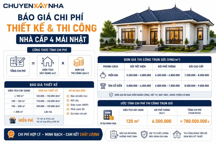 Báo giá chi phí thiết kế và thi công nhà cấp 4 mái Nhật