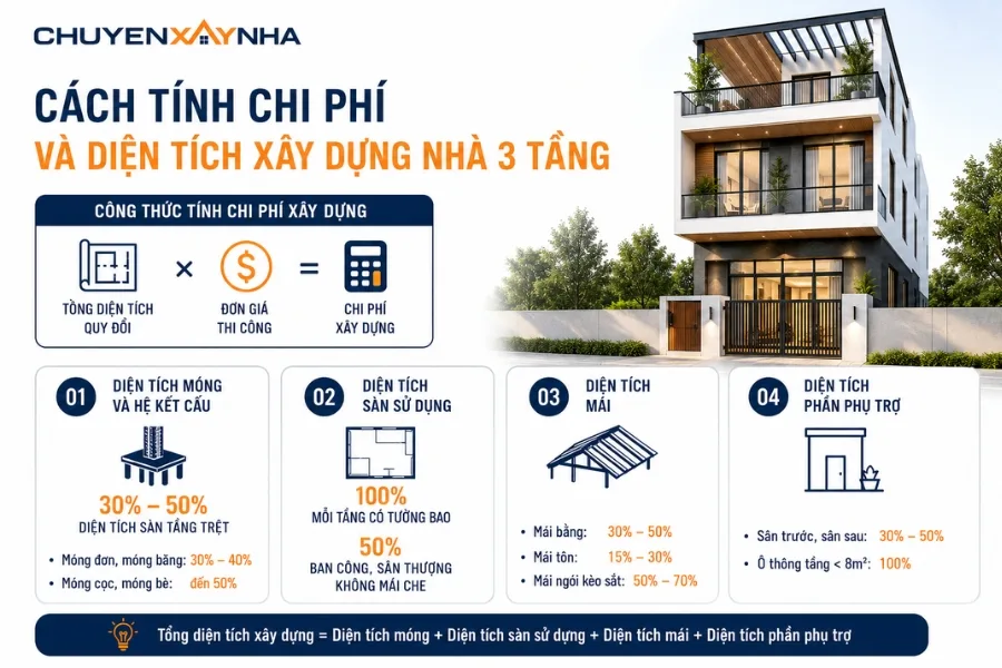 Cách tính chi phí và diện tích xây dựng nhà 3 tầng