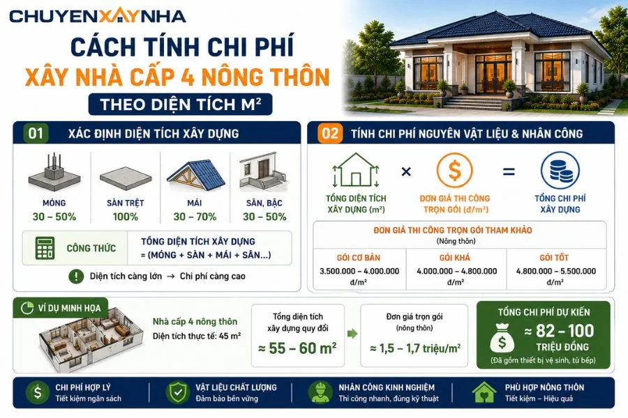 Cách tính chi phí xây nhà cấp 4 nông thôn theo diện tích m²