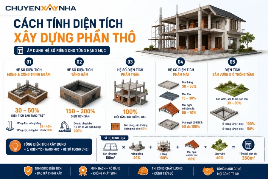 Cách tính diện tích xây dựng phần thô