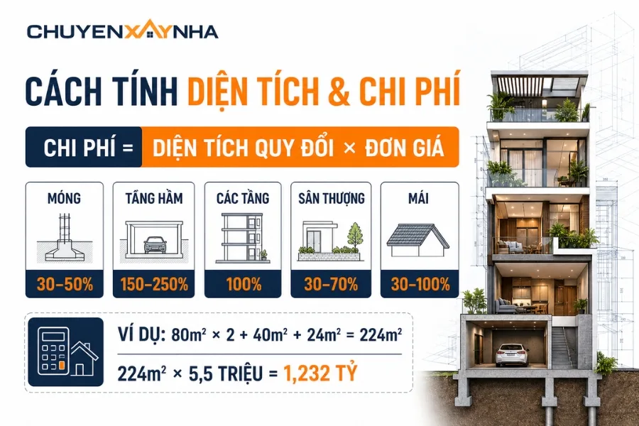 Cách tính diện tích và chi phí xây nhà trọn gói