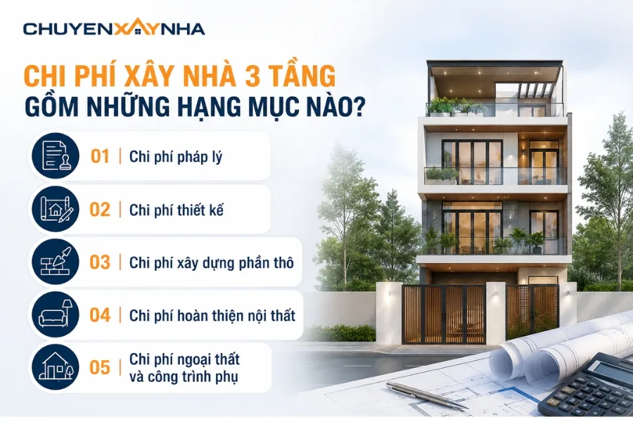 Chi phí xây nhà 3 tầng bao gồm 5 hạng mục chính