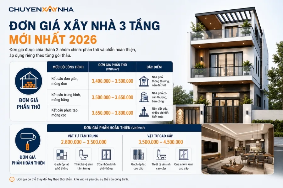 Đơn giá xây nhà 3 tầng mới nhất 2026