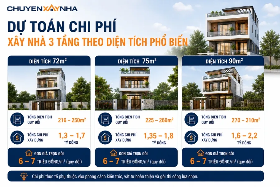 Dự toán chi phí xây nhà 3 tầng theo diện tích phổ biến