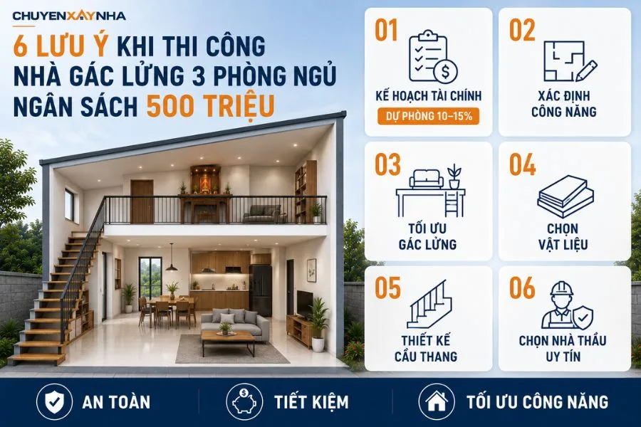 Những lưu ý khi thi công nhà gác lửng 3 phòng ngủ 500 triệu