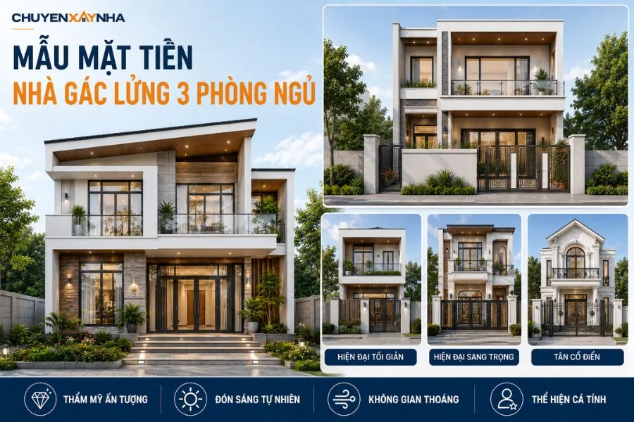 Mẫu mặt tiền nhà gác lửng 3 phòng ngủ