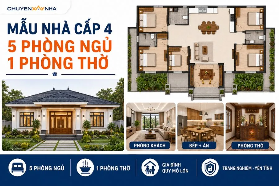 Mẫu nhà cấp 4 5 phòng ngủ 1 phòng thờ
