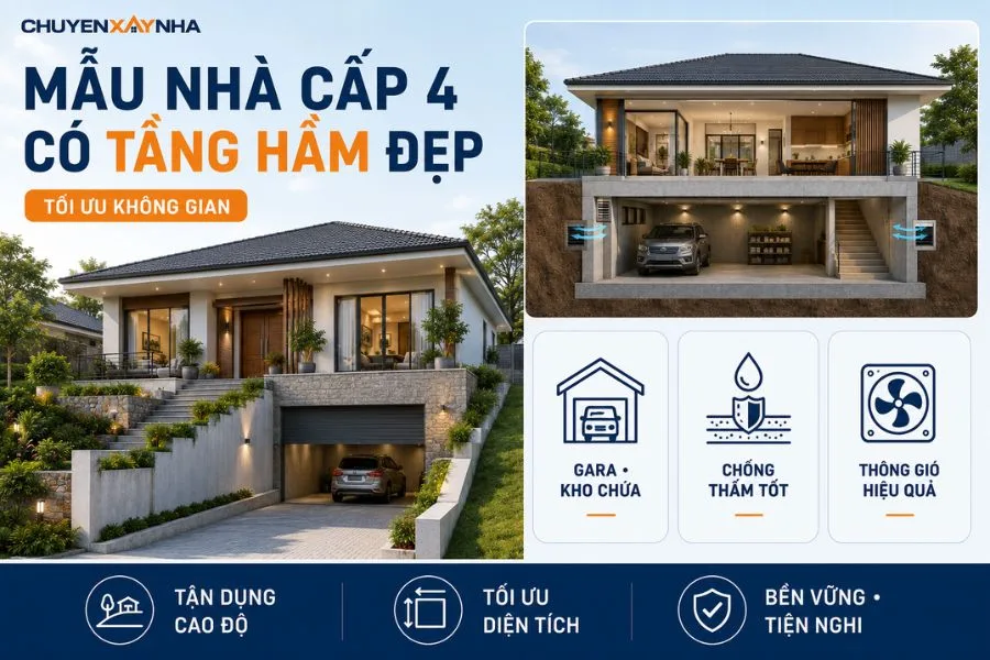 Mẫu nhà cấp 4 có tầng hầm đẹp