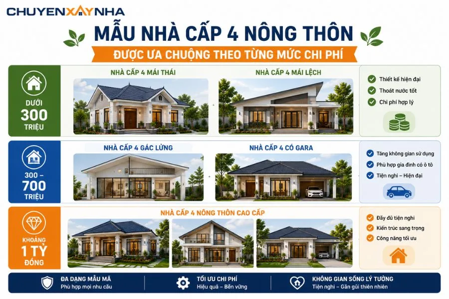 Mẫu nhà cấp 4 nông thôn được ưa chuộng theo từng mức chi phí
