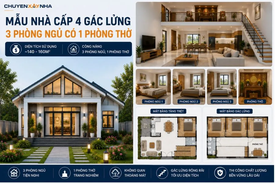 Mẫu nhà cấp 4 gác lửng 3 phòng ngủ có 1 phòng thờ