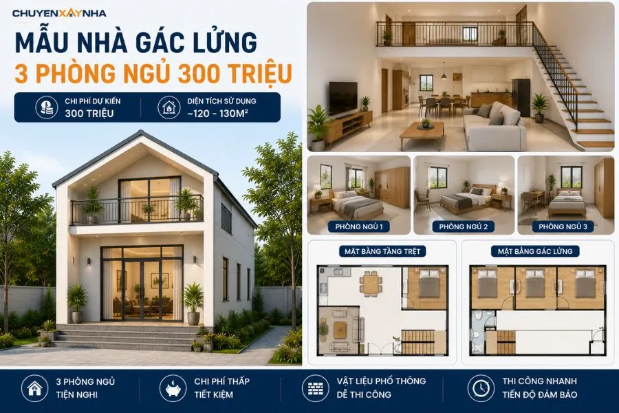Mẫu nhà gác lửng 3 phòng ngủ 300 triệu