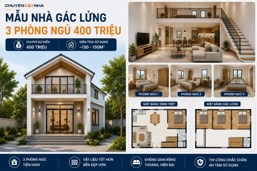 Mẫu nhà gác lửng 3 phòng ngủ 400 triệu
