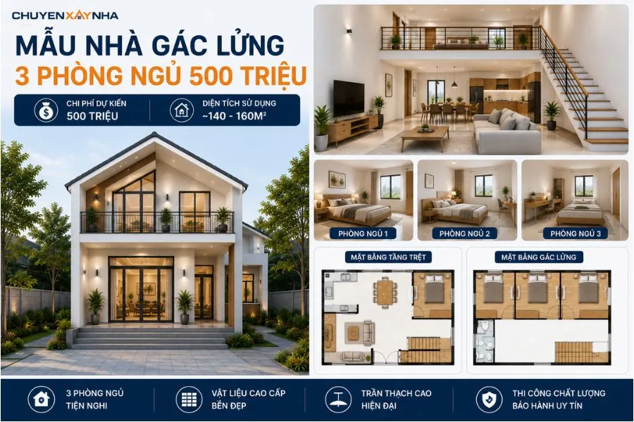 Mẫu nhà gác lửng 3 phòng ngủ 500 triệu