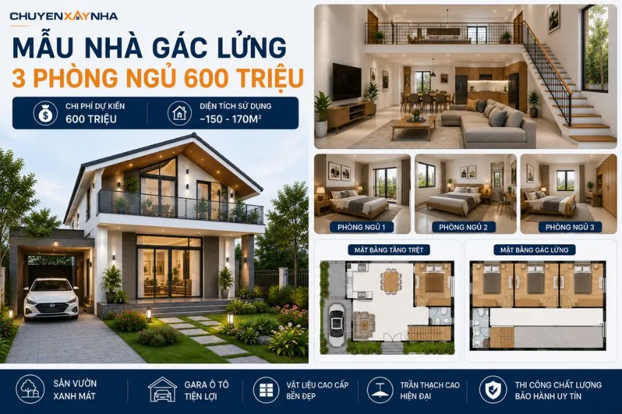Mẫu nhà gác lửng 3 phòng ngủ 600 triệu