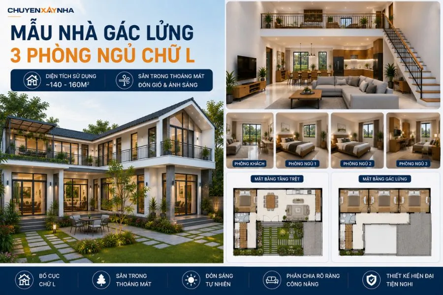Mẫu nhà gác lửng 3 phòng ngủ chữ L