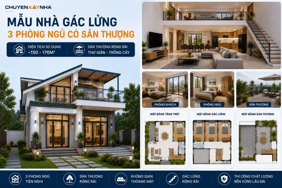 Mẫu nhà gác lửng 3 phòng ngủ có sân thượng